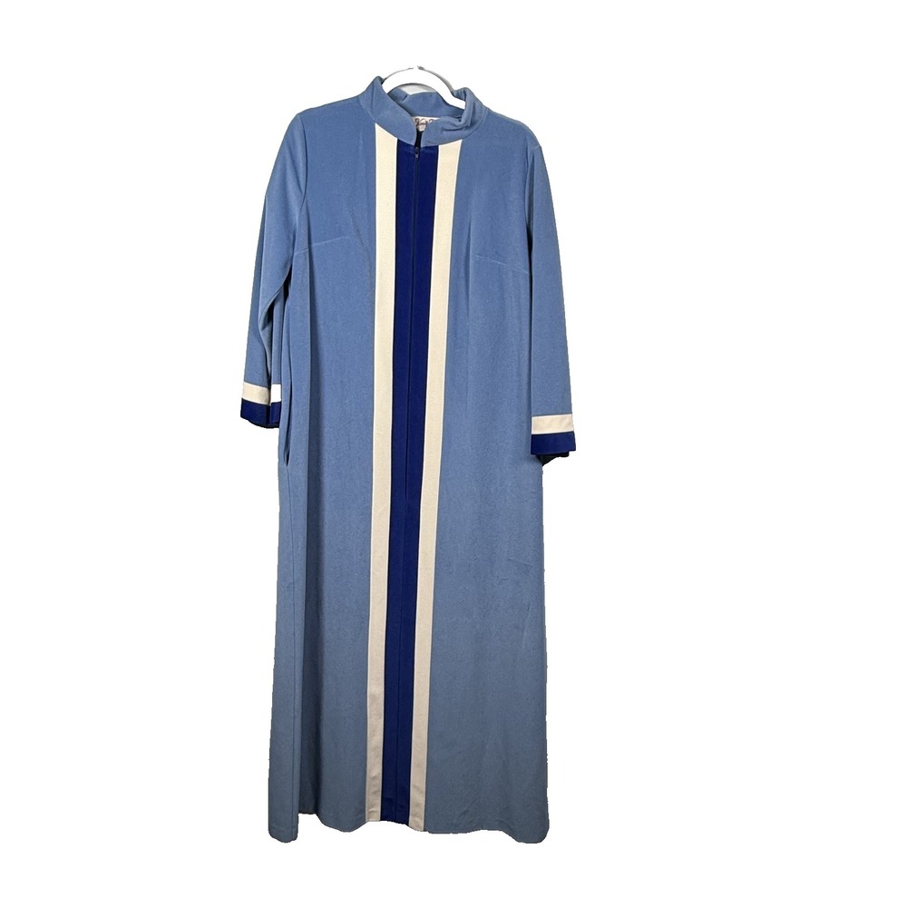 Vanity Fair Velour Long Robe Housecoat Striped 3/4 Sleeve Zip Blue Size XL L